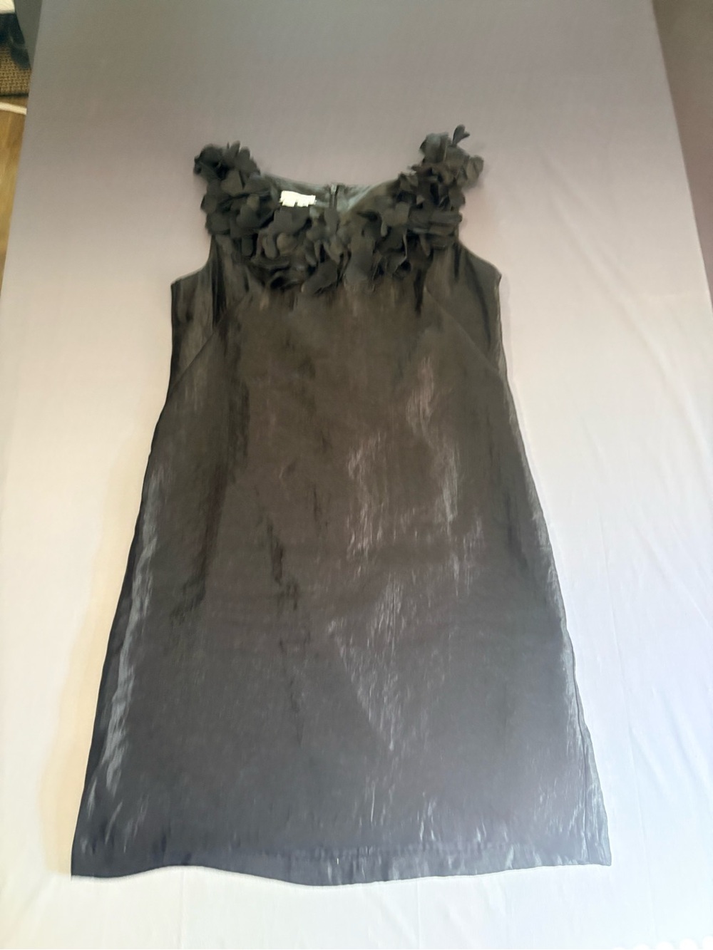 London Times Black Sleeveless Shift Dress with 3D Floral Neckline